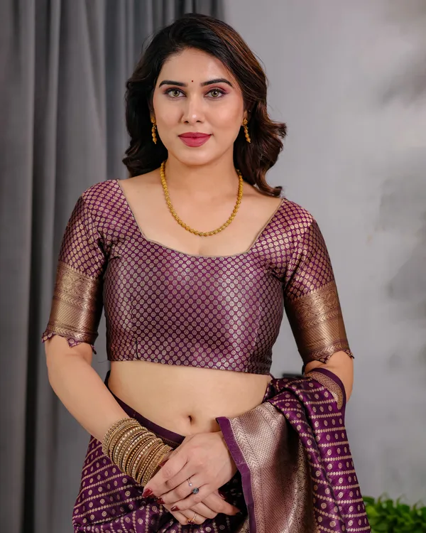 Purple_Wine_Soft_Lichi_Silk_Saree_With_Antique_Gold_Zari_&_Regal_Border
