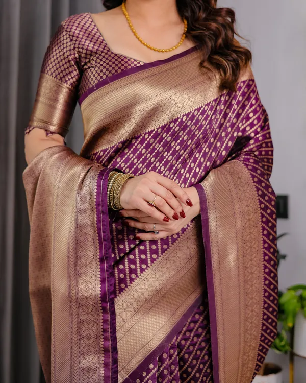Purple_Wine_Soft_Lichi_Silk_Saree_With_Antique_Gold_Zari_&_Regal_Border
