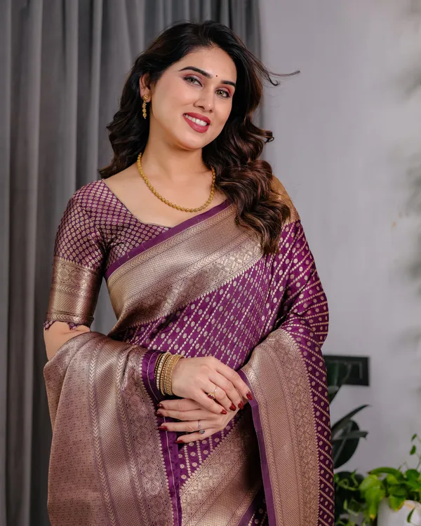Purple_Wine_Soft_Lichi_Silk_Saree_With_Antique_Gold_Zari_&_Regal_Border
