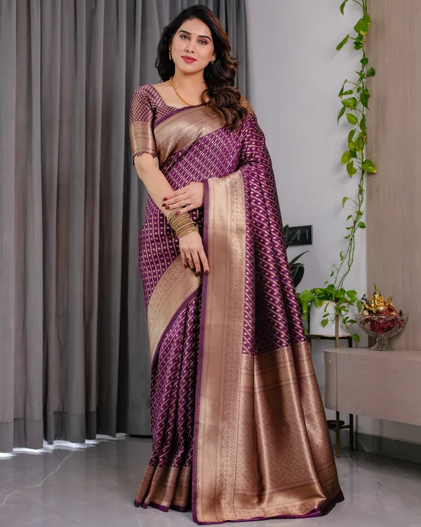 Purple_Wine_Soft_Lichi_Silk_Saree_With_Antique_Gold_Zari_&_Regal_Border
