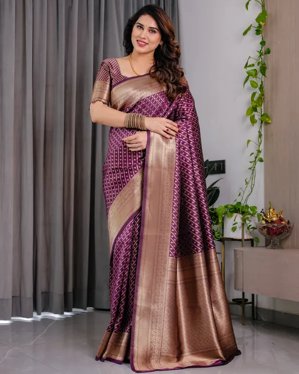 Purple_Wine_Soft_Lichi_Silk_Saree_With_Antique_Gold_Zari_&_Regal_Border
