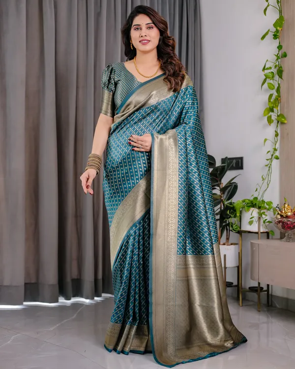 Rama_Blue_Soft_Lichi_Silk_Saree_With_Golden_Zari_Weaving_&_Ornamental_Border
