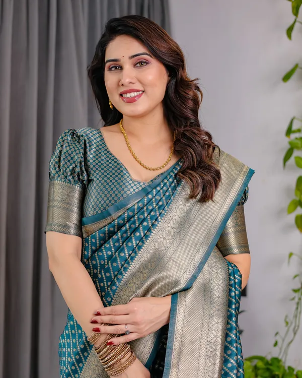 Rama_Blue_Soft_Lichi_Silk_Saree_With_Golden_Zari_Weaving_&_Ornamental_Border
