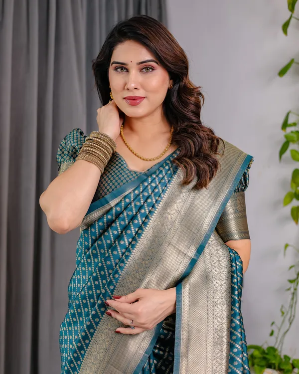 Rama_Blue_Soft_Lichi_Silk_Saree_With_Golden_Zari_Weaving_&_Ornamental_Border
