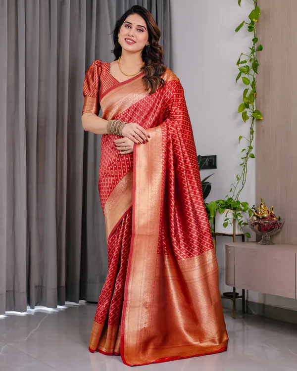Red_Soft_Lichi_Silk_Saree_With_Golden_Zari_Weaving_&_Ornamental_Border
