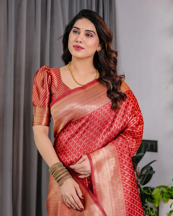 Red_Soft_Lichi_Silk_Saree_With_Golden_Zari_Weaving_&_Ornamental_Border
