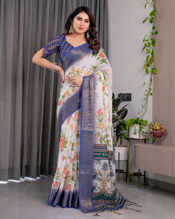 White_Floral_Print_Saree_For_Women