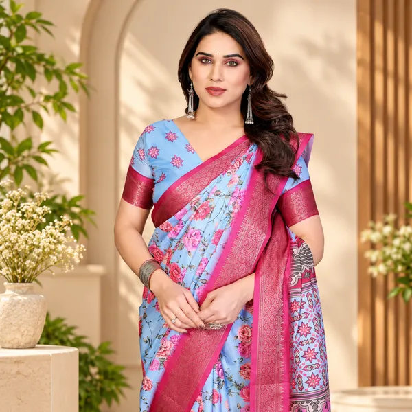 Blue_Floral_Print_Saree_For_Women