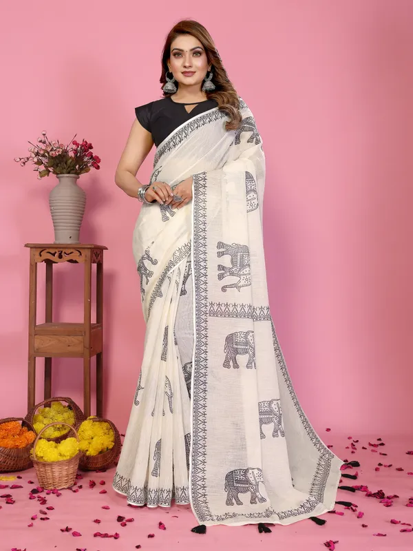 Ivory_Elephant_Print_Saree_For_Women