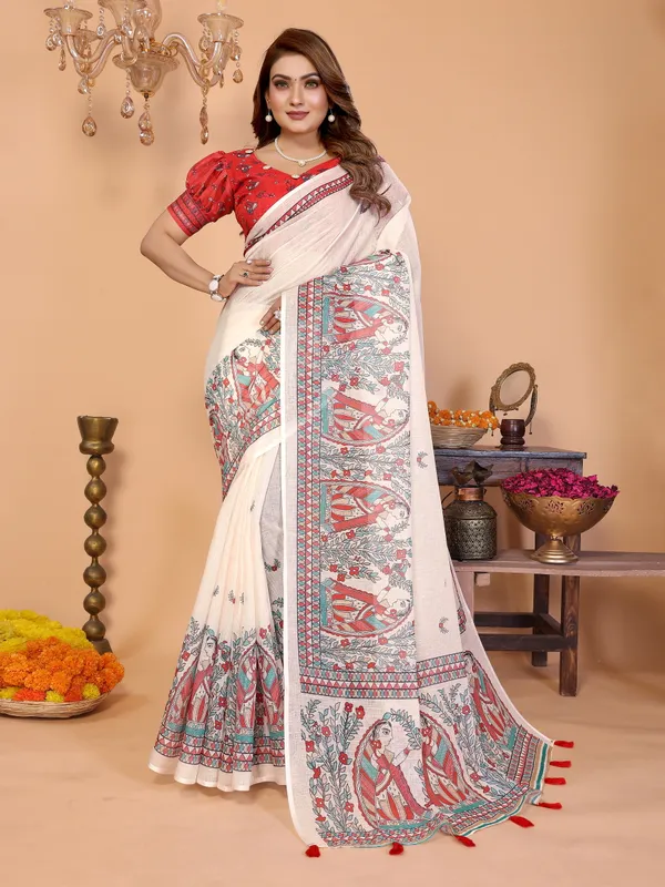 Red_Printed_Saree_Set_With_Blouse_For_Women