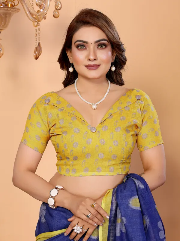 Blue_And_Yellow_Floral_Print_Saree_For_Women