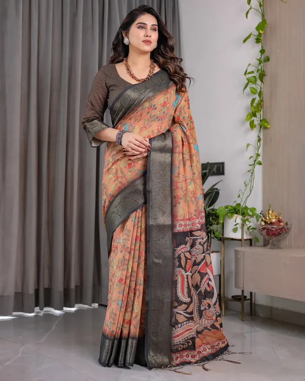 Peach_Printed_Saree_With_Blouse_For_Women