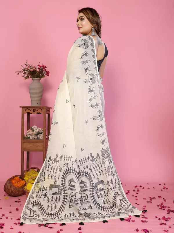 Off_White_Cotton_Warli_Print_Saree_For_Women