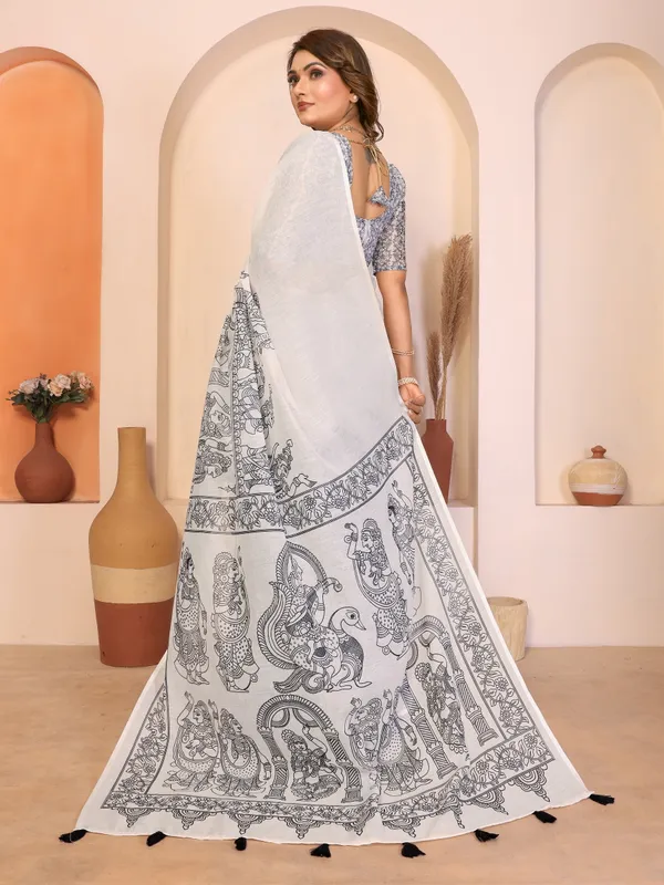 White_Printed_Saree_With_Blouse_For_Women