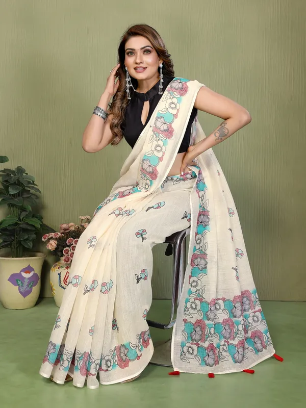 Cream_Woven_Floral_Print_Saree_For_Women