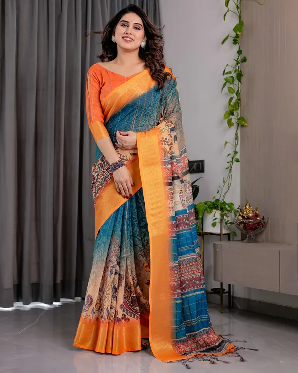 Blue_And_Orange_Printed_Saree_For_Women