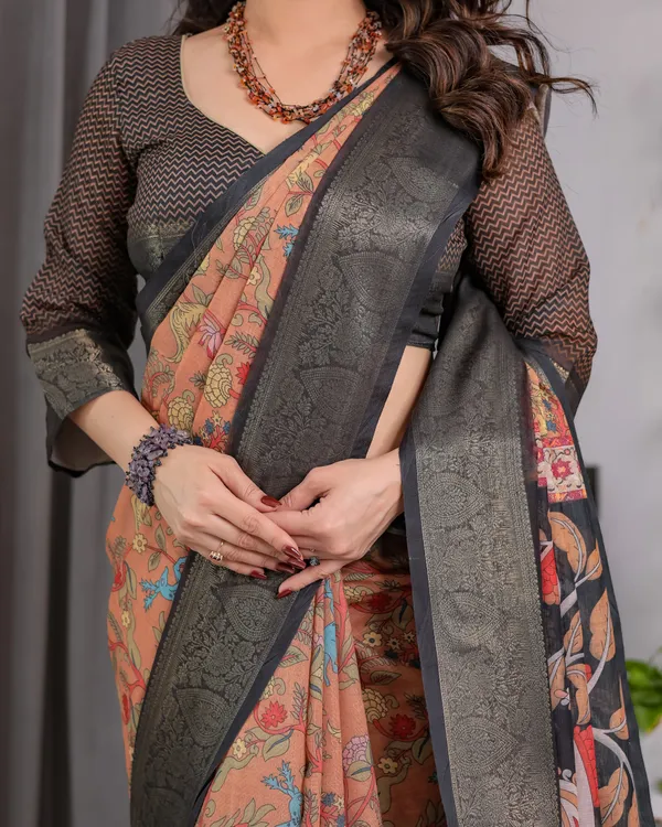 Peach_Printed_Saree_With_Blouse_For_Women