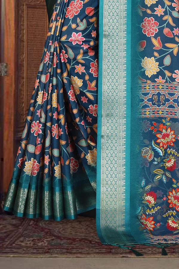 Teal_Floral_Print_Saree_For_Women