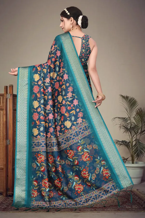Teal_Floral_Print_Saree_For_Women