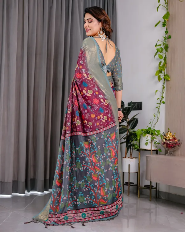 Maroon_Grey_Floral_Print_Saree_For_Women