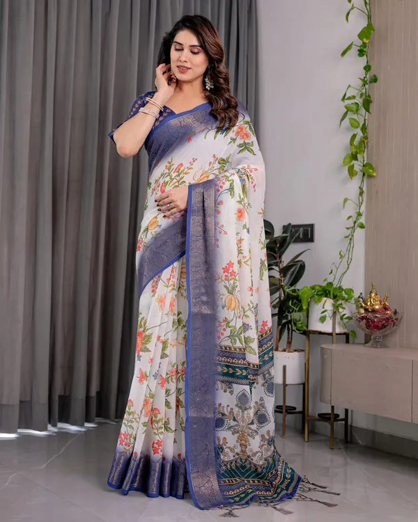 White_Floral_Print_Saree_For_Women