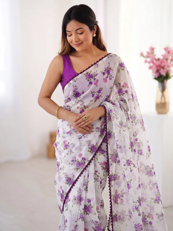 White_Floral_Print_Saree_For_Women