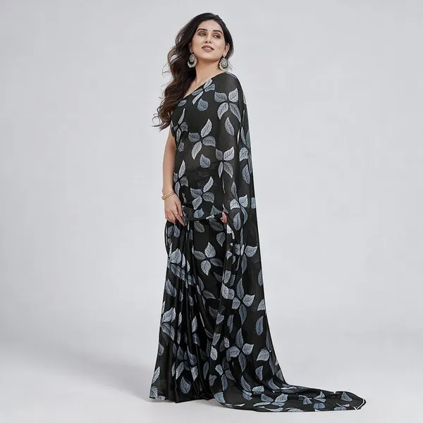 Black_Chiffon_Leaf_Print_Saree_For_Women