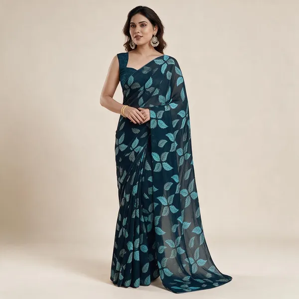Blue_Leaf_Print_Saree_For_Women