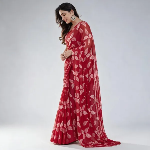Red_Leaf_Print_Saree_With_Blouse_For_Women
