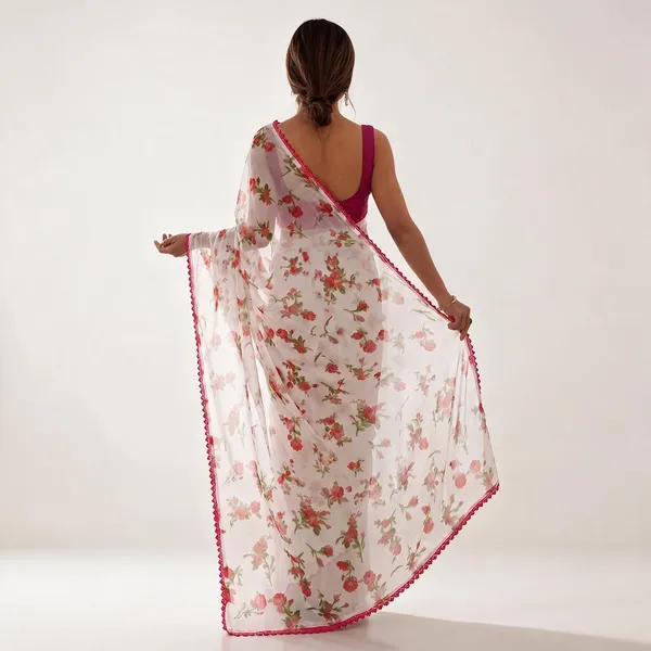 White_Chiffon_Floral_Print_Saree_For_Women