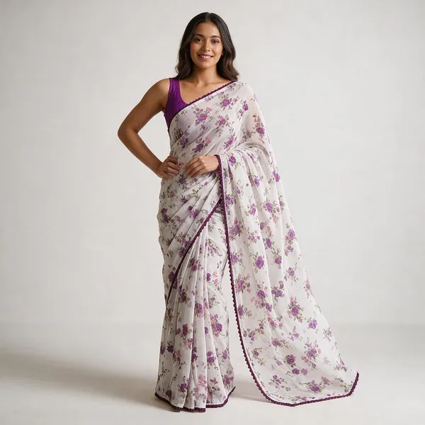 White_Floral_Print_Saree_For_Women