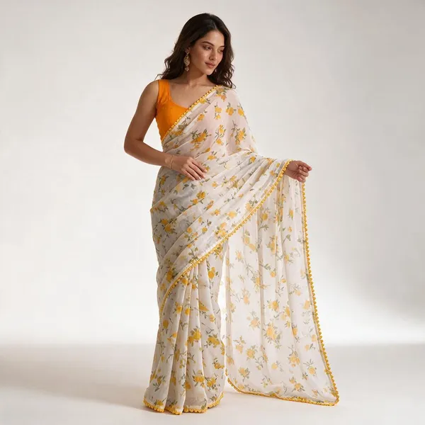 White_Chiffon_Floral_Print_Saree_For_Women
