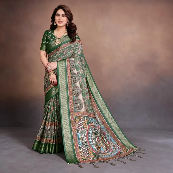 Green_Cotton_Silk_Saree_With_Digital_Print_Jacquard_Border_&_Tassels
