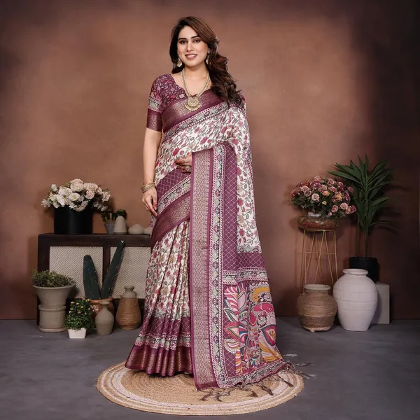 Wine_Kalamkari_Cotton_Silk_Saree_With_Digital_Print_Jacquard_Border_&_Tassels
