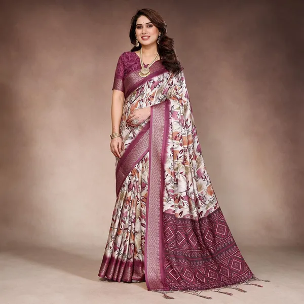 Wine_Cotton_Silk_Saree_With_Digital_Print_Jacquard_Border_&_Tassels
