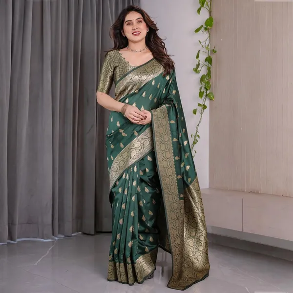 Green_Banarasi_Style_Lichi_Silk_Saree_With_Gold_Zari_Woven_Border_&_Blouse_Piece
