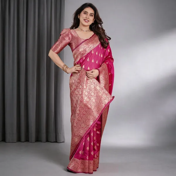 Rani_Pink_Banarasi_Style_Lichi_Silk_Saree_With_Gold_Zari_Woven_Border_&_Blouse_Piece
