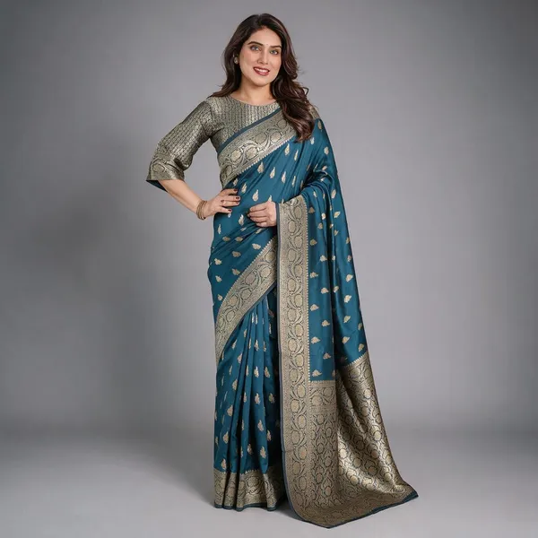 Rama_Blue_Banarasi_Style_Lichi_Silk_Saree_With_Gold_Zari_Woven_Border_&_Blouse_Piece
