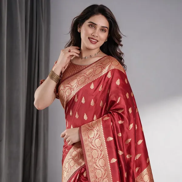 Red_Banarasi_Style_Lichi_Silk_Saree_With_Gold_Zari_Woven_Border_&_Blouse_Piece