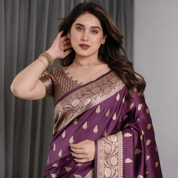 Wine_Banarasi_Style_Lichi_Silk_Saree_With_Gold_Zari_Woven_Border_&_Blouse_Piece
