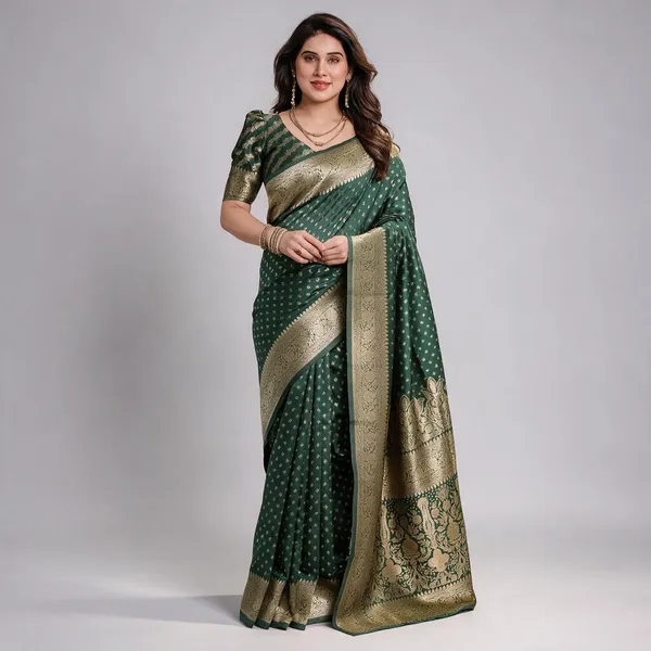 Green_Banarasi-Style_Soft_Lichi_Silk_Saree_With_Gold_Zari_Woven_Border_&_Blouse_Piece