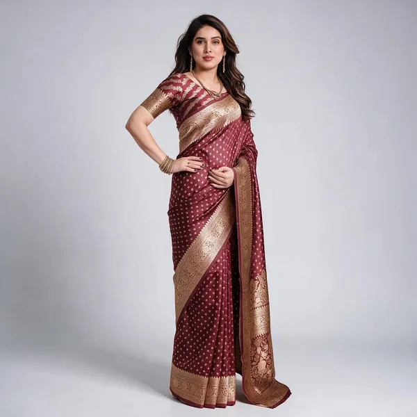 Royal_Maroon_Soft_Lichi_Silk_Saree_With_Antique_Gold_Zari_&_Floral_Pallu
