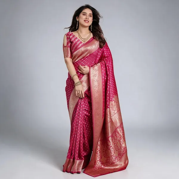 Rani_Pink_Soft_Lichi_Silk_Saree_With_Royal_Gold_Zari_&_Floral_Pallu
