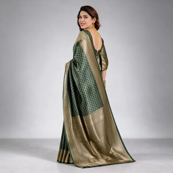 Bottle_Green_Soft_Lichi_Silk_Saree_With_Gold_Zari_Stripes_&_Regal_Border
