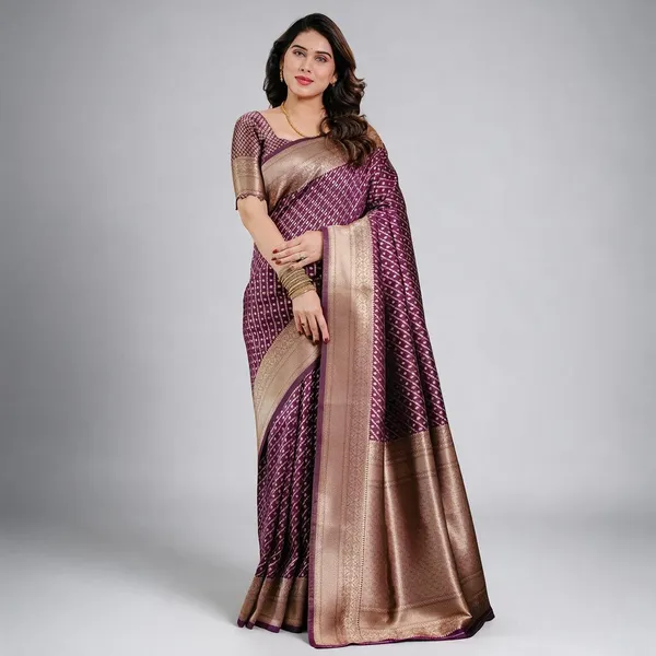 Purple_Wine_Soft_Lichi_Silk_Saree_With_Antique_Gold_Zari_&_Regal_Border
