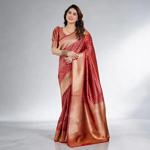 Red_Soft_Lichi_Silk_Saree_With_Golden_Zari_Weaving_&_Ornamental_Border
