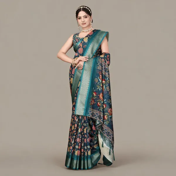 Teal_Floral_Print_Saree_For_Women