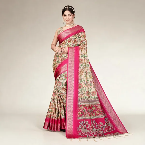 Cream_And_Pink_Floral_Print_Saree_Set_For_Women