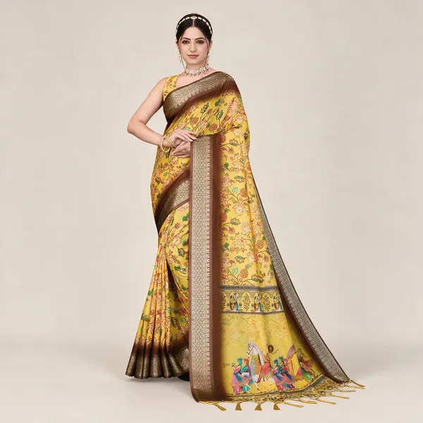 Yellow_Floral_Print_Saree_For_Women