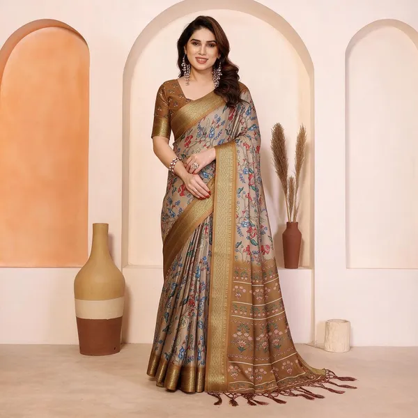 Brown_Floral_Print_Saree_With_Blouse_For_Women